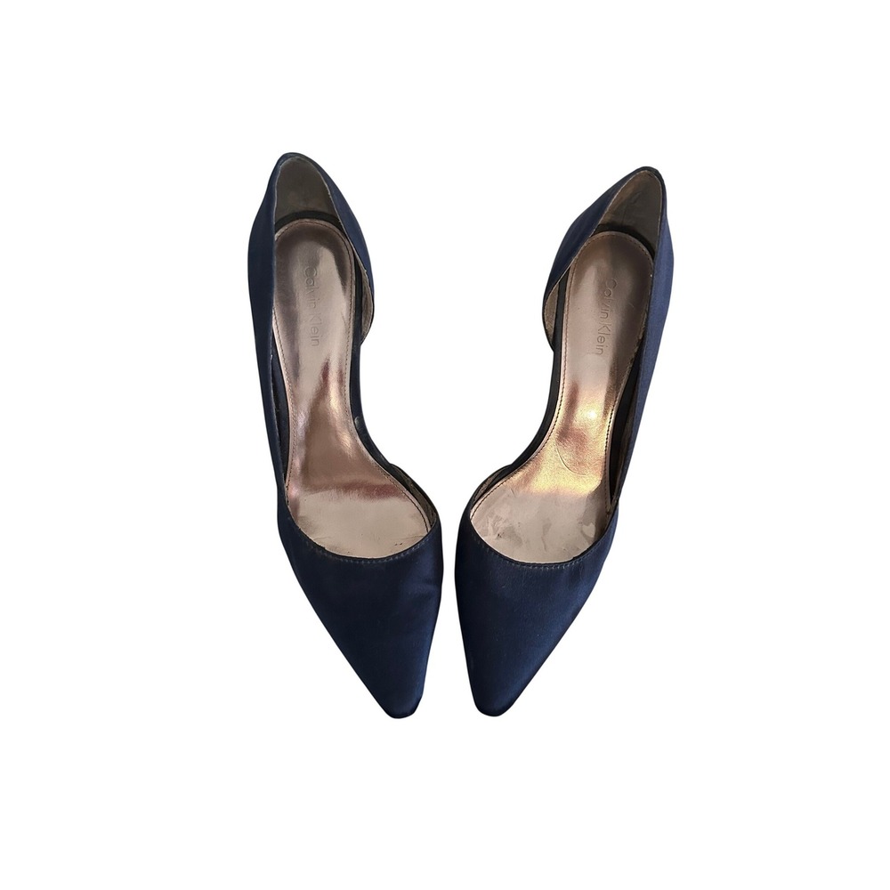 Calvin Klein Navy Blue Satin Pointed Toe d'Orsay Kitten Heels Pumps